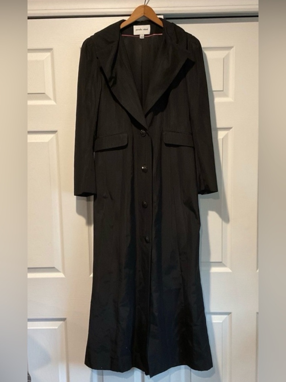 Pamella Roland Vintage Black Long Pinstripe Dress Rain Trench Coat Jacket sz 8